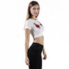 New Fashion Women Crop Top Floral Embroidery Roun Neck Short Sleeve Slim Fit Cool Tee Tops White