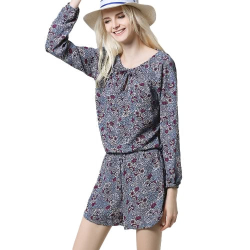 مثير المرأة بذلة الأزهار طباعة جولة الرقبة مرونة الخصر بحر Playsuit رومبير الأزرق