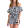 Women Jumpsuit Off Shoulder Plaid Ruffle Coveralls Romper Playsuit Beachwear With Belt Black