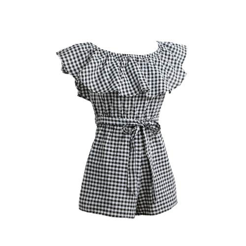 Women Jumpsuit Off Shoulder Plaid Ruffle Coveralls Romper Playsuit Beachwear With Belt Black