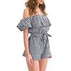 Women Jumpsuit Off Shoulder Plaid Ruffle Coveralls Romper Playsuit Beachwear With Belt Black