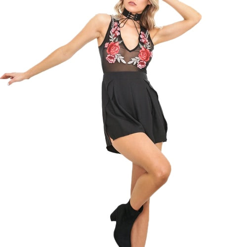 New Sexy Women Jumpsuit Floral Embroidery V-neck Semi-sheer Playsuit Rompers Black