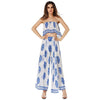 Sexy Women Two-piece Set Strapless Crop Top Wide Leg Pants Floral Striped Print Split Beach Boho Suits Outfits White/Red/Blue