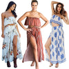 Sexy Women Two-piece Set Strapless Crop Top Wide Leg Pants Floral Striped Print Split Beach Boho Suits Outfits White/Red/Blue