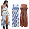 Sexy Women Two-piece Set Strapless Crop Top Wide Leg Pants Floral Striped Print Split Beach Boho Suits Outfits White/Red/Blue