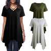 Sexy Women Asymmetric T-Shirt Criss Cross V Neck Short Sleeve Blouse Solid Loose Casual Tunic Top Black/Grey/Army Green