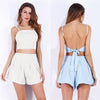 Sexy Women Two Piece Set Spaghetti Strap Backless Bandage Crop Top Pleated Shorts Suits Outfits White/Light Blue