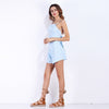 Sexy Women Two Piece Set Spaghetti Strap Backless Bandage Crop Top Pleated Shorts Suits Outfits White/Light Blue