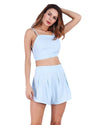 Sexy Women Two Piece Set Spaghetti Strap Backless Bandage Crop Top Pleated Shorts Suits Outfits White/Light Blue