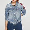 Women Denim Jacket Floral Embroidery Ripped Fringe Long Sleeve Casual Loose Jeans Coat Outerwear Blue