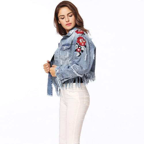 Women Denim Jacket Floral Embroidery Ripped Fringe Long Sleeve Casual Loose Jeans Coat Outerwear Blue