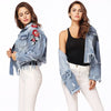 Women Denim Jacket Floral Embroidery Ripped Fringe Long Sleeve Casual Loose Jeans Coat Outerwear Blue