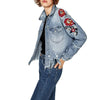 Women Denim Jacket Floral Embroidery Ripped Fringe Long Sleeve Casual Loose Jeans Coat Outerwear Blue