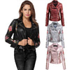 Fashion Women Embroidery Flower PU Faux Leather Jacket Coat Zipper Basic Moto Jacket Outerwear