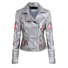 Fashion Women Embroidery Flower PU Faux Leather Jacket Coat Zipper Basic Moto Jacket Outerwear