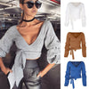 Sexy Women Crop Top Blouse Deep V-Neck 3/4 Sleeves Straps Solid Color Elegant Casual Top