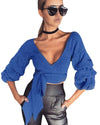 Sexy Women Crop Top Blouse Deep V-Neck 3/4 Sleeves Straps Solid Color Elegant Casual Top