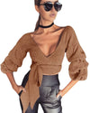 Sexy Women Crop Top Blouse Deep V-Neck 3/4 Sleeves Straps Solid Color Elegant Casual Top