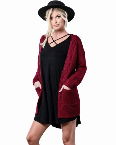 New Winter Autumn Women Knitted Cardigan Sweater Long Sleeves Pockets Elegant Outerwear Burgundy/Coffee/Khaki