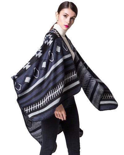 Women Poncho Scarf Cardigan Sweater Geometrical Print Warm