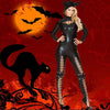 Women Halloween Costume Jumpsuit Lace Up Cut Out Cosplay Party Solid Bodysuit Fancy Lingerie Playsuit with Hat Black