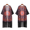 Vintage Women Chiffon Kimono Cardigan Geometric Print Fringed Tassels Loose Boho Outerwear Beach Cover Up Black