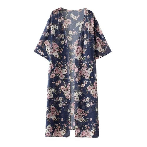 New Women Kimono Cardigan Beach Cover Up Floral Print Chiffon Boho Long Loose Casual Blouse Top Beachwear Dark Blue