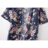 New Women Kimono Cardigan Beach Cover Up Floral Print Chiffon Boho Long Loose Casual Blouse Top Beachwear Dark Blue