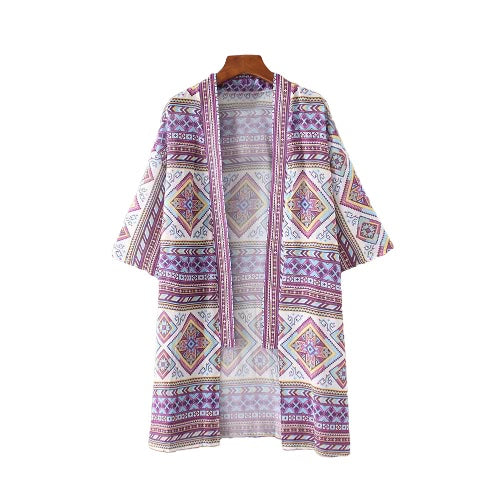New Fashion Women Chiffon Kimono Cardigan Geometric Print Loose Bohemian Outerwear Beach Cover Up Purple