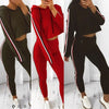 Women Two Piece Set Tracksuit Hooded Drawstring Crop Top Sport Pants Side Stripes High Waist Casual Sweat Suit