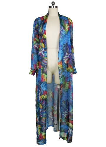 Sexy Women Chiffon Bikini Cover Up Floral Print Bohemia Cardigan Kimono Loose Outerwear Beachwear Green/Blue