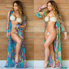 Sexy Women Chiffon Bikini Cover Up Floral Print Bohemia Cardigan Kimono Loose Outerwear Beachwear Green/Blue