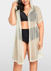 Sexy Women Bikini Cover Up Fishnet Hollow Out Hooded Cardigan Plus Size Outerwear Beachwear Beige