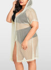 Sexy Women Bikini Cover Up Fishnet Hollow Out Hooded Cardigan Plus Size Outerwear Beachwear Beige