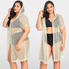 Sexy Women Bikini Cover Up Fishnet Hollow Out Hooded Cardigan Plus Size Outerwear Beachwear Beige