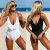 Women One Piece Swimsuit Plunge V Neck Lace Ruffle Bandage Cross Over Hollow Out Sexy Monokini White