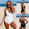 Women One Piece Swimsuit Plunge V Neck Lace Ruffle Bandage Cross Over Hollow Out Sexy Monokini White