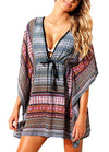 Sexy Women Beach Cover Up Dress Bohemian Geometric Print V-Neck Batwing Sleeves Loose Swimwear