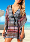 Sexy Women Beach Cover Up Dress Bohemian Geometric Print V-Neck Batwing Sleeves Loose Swimwear