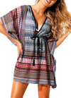 Sexy Women Beach Cover Up Dress Bohemian Geometric Print V-Neck Batwing Sleeves Loose Swimwear