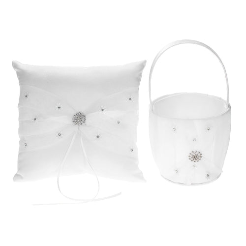 7 * 7 inches White Satin Rhinestone Decorated Ring Bearer Pillow and Wedding Flower Girl Basket Set