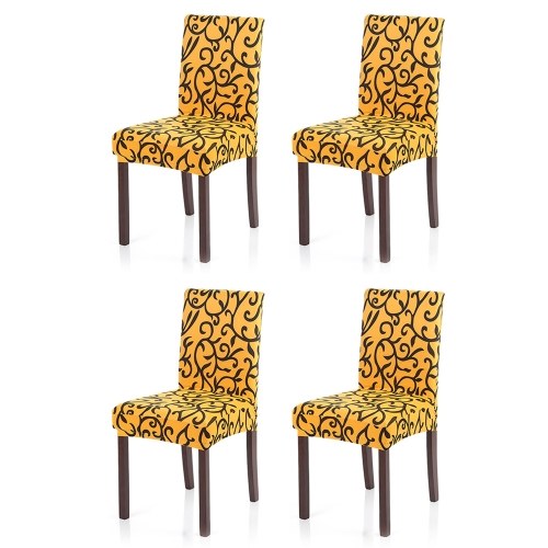 4pcs Stretch Removable Washable Short Dining Seat Cover Soft Milk Silk Spandex Printing Chair Cover Slipcover for Wedding Party Hotel Dining Room Ceremony Chair Seat Covers Champagne