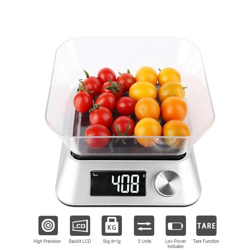 Food Scale with Bowl Digital Kitchen Scale 11lb/ 5kg High Precision Scale Backlight LCD Display Electric Weight for Cooking Baking