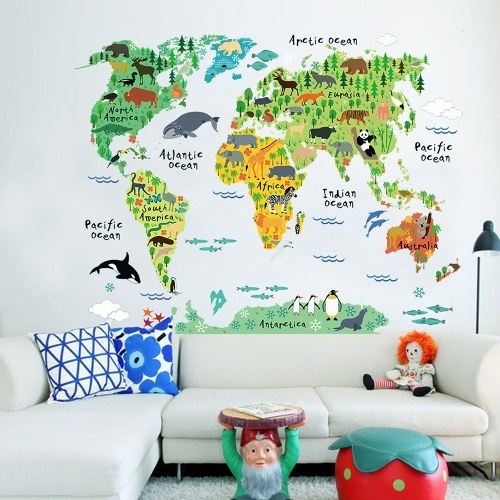 Large Kids Educational Animal Landmarks World Map Peel & Stick Wall Decals Stickers Home Decor Art for Nursery