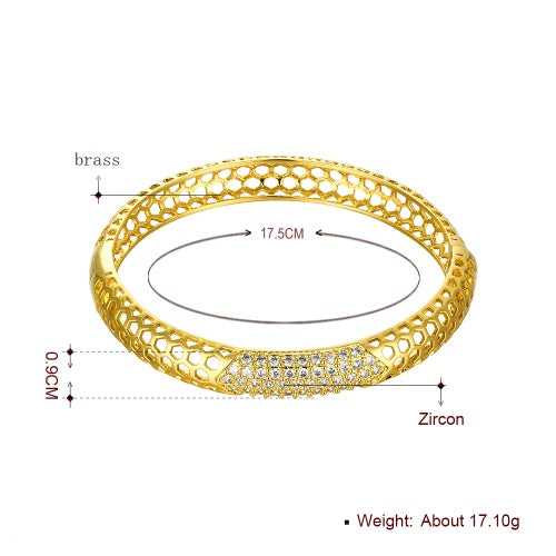 Hollow Hexagons Brass Bangle Bracelet Embedded with AAA Zircon with An Opening Golden & Rose Golden Fashional Accessories for Women