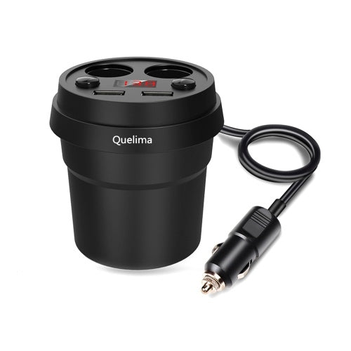 Quelima Car Cup Charger Car Charger Socket Dual USB Quick Chargers Car Adapter with Dual Car Cigarette Lighter Socket Lighter Digital Display for Cellphones, iPad, GPS & Dash Cam (Black)