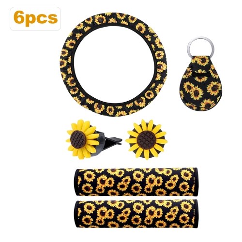 6 Pieces Sunflower Car Accessories Set Include Sunflower Steering Wheel Cover,1 Piece Keyring,2 Pieces Seat Belt Covers,2 Pieces  Car Vent
