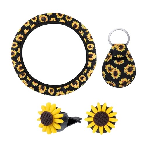 6 Pieces Sunflower Car Accessories Set Include Sunflower Steering Wheel Cover,1 Piece Keyring,2 Pieces Seat Belt Covers,2 Pieces  Car Vent