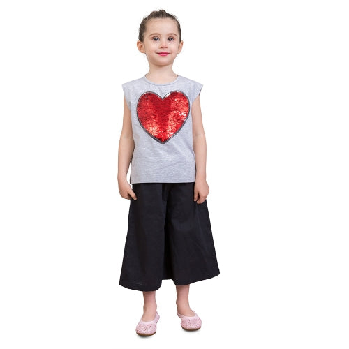 Girls T shirts Cute Heart-Shaped Sequins Cotton Summer Sleeveless Casual Kids Tops Children's Clothing Grey 3T