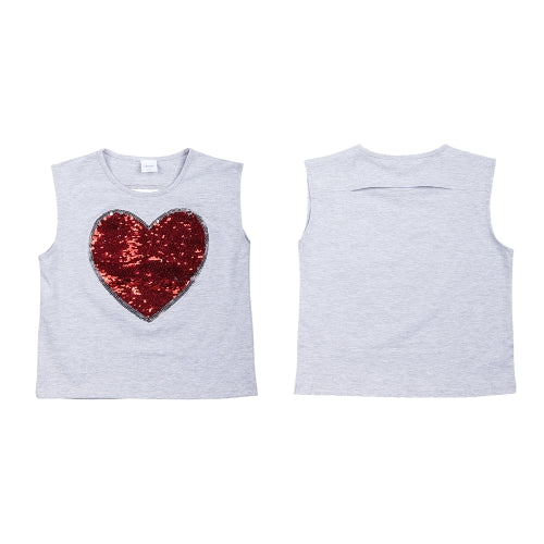 Girls T shirts Cute Heart-Shaped Sequins Cotton Summer Sleeveless Casual Kids Tops Children's Clothing Grey 3T